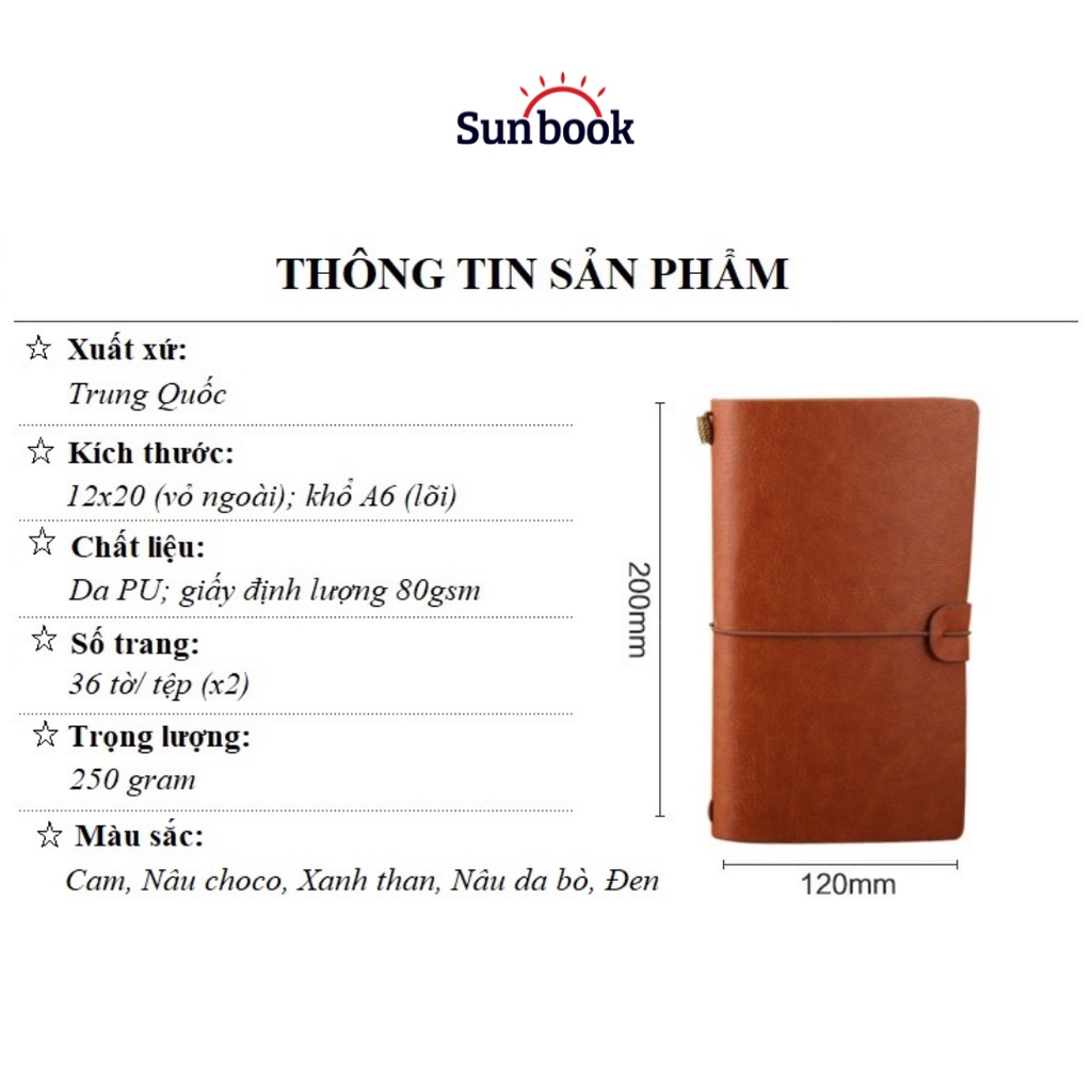 Sổ tay ghi chép Sunbook bìa da mềm màu trơn - hai lõi giấy 140 trang Khổ A6 - SB-STD