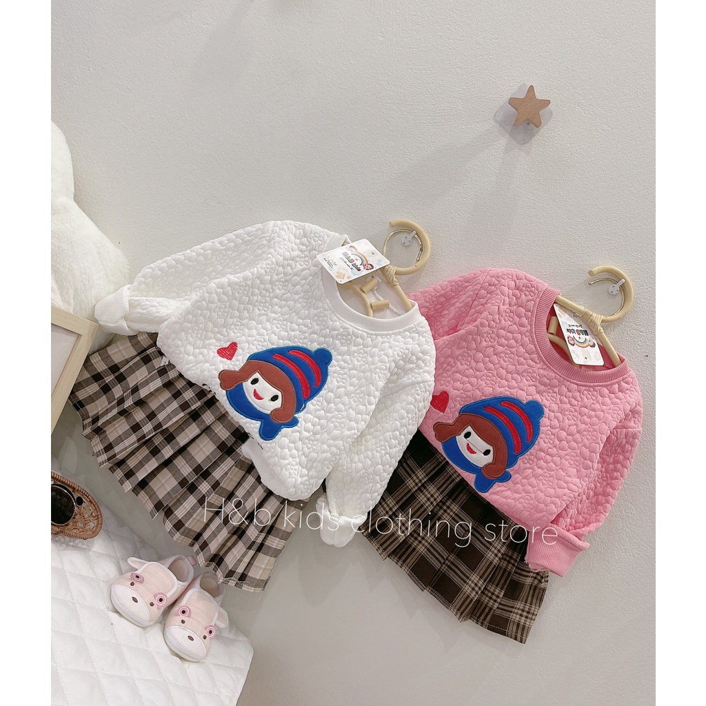 Váy bé gái, Set bộ áo dài tay vải xốp phối chân váy xếp ly họa tiết kẻ caro cho bé gái 8-20kg