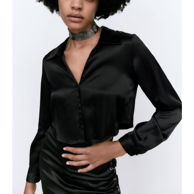 Made in Morocco - Áo Sơ Mi Zara Vải satin Màu Đen Thời Trang Mùa Thu Phong Cách Pháp BN55