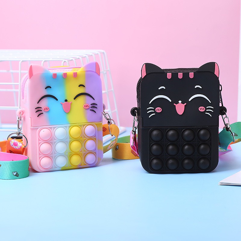 [Mới 2023] Túi xách nữ đeo chéo silicon hình mèo cười, bong bóng pop-it giảm căng thẳng thời trang dễ thương