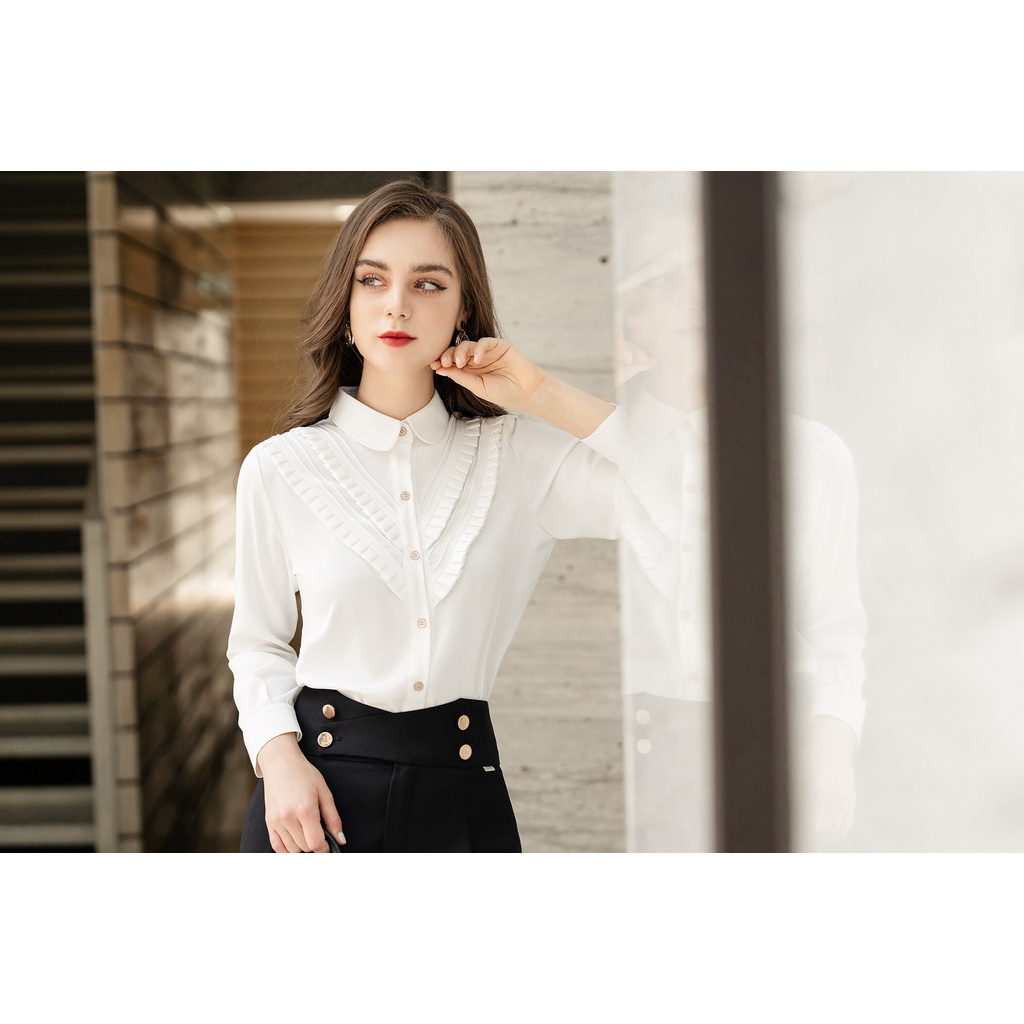 Áo sơ mi nữ Lamia Design LA301 màu trắng phối bèo hoa chữ V vạt áo