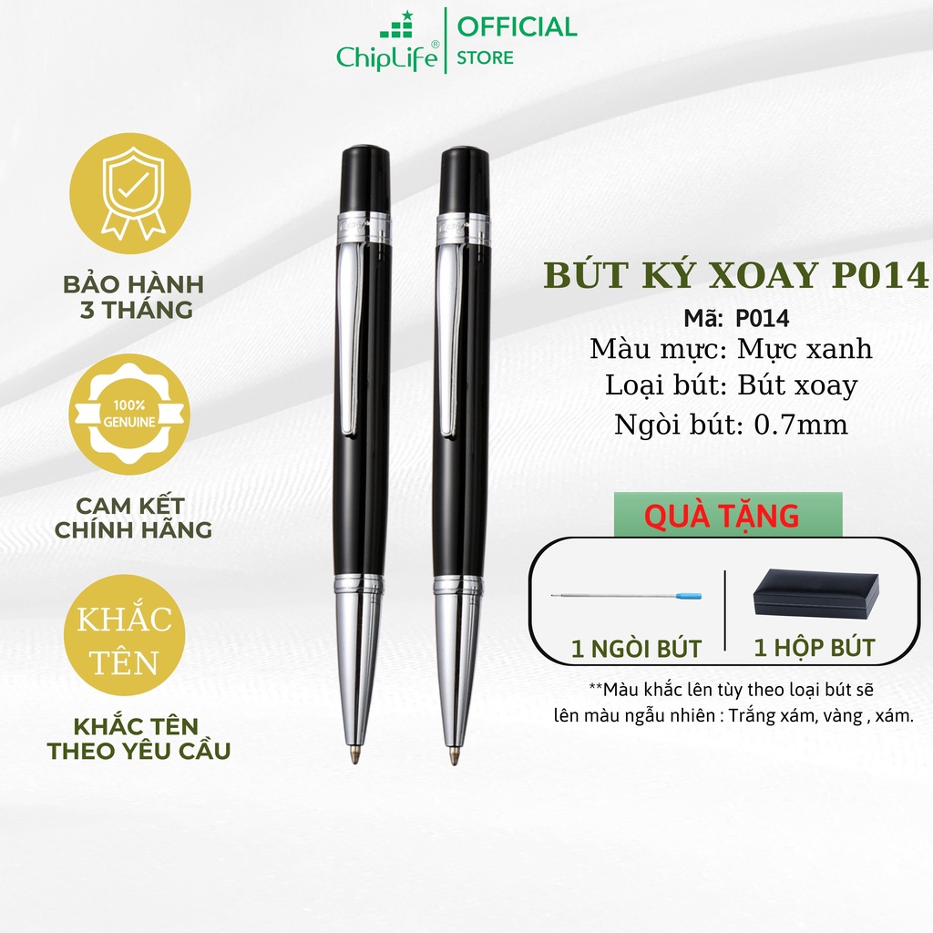 Bút kim loại xoay CHIPLIFE P014 FREE KHẮC TÊN - Ngòi 0.7mm mực xanh đen viền bạc