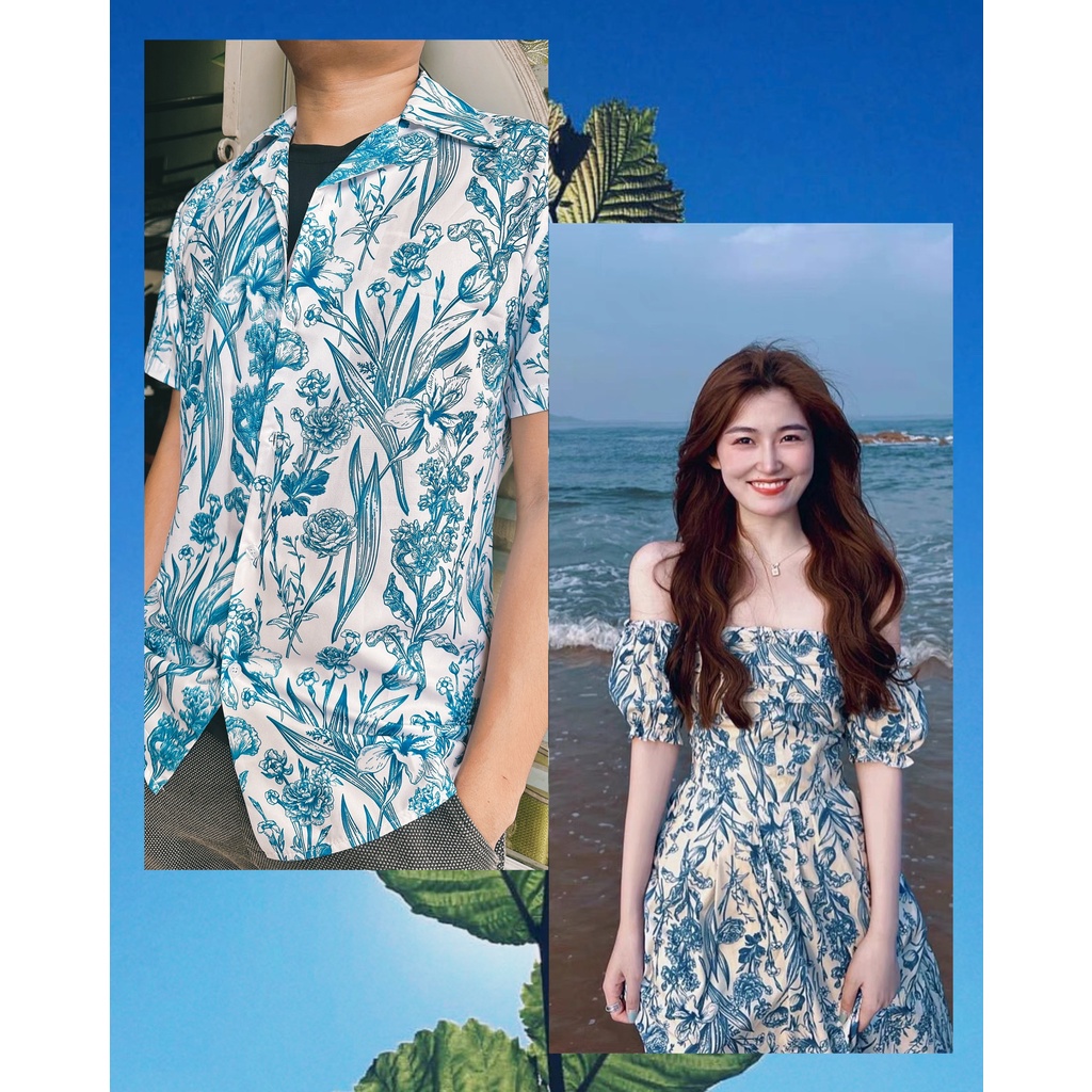 Set đồ đôi áo sơ mi nam - đầm nữ trễ vai đi biển cao cấp mẫu mới Miamo MO181