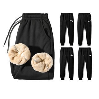 Big size quần nỉ lót lông cừu dày đặc, quần jogger nỉ lông nam nữ, vải trơn không xù giữ ấm mùa đông
