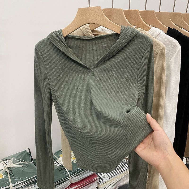 COZOK Áo Thun Tay Dài Có Nón Cổ Chữ V Dáng Ôm Thời Trang Cho Nữ