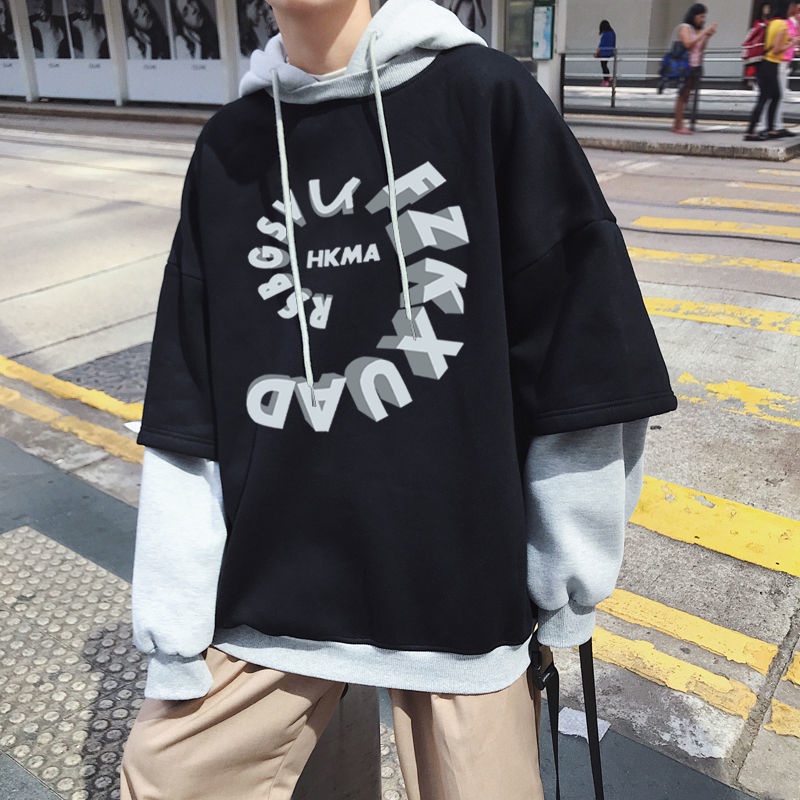 Áo Hoodie Giả Hai Lớp Lót Nhung Dáng Rộng Thời Trang Mùa Đông Cho Nam