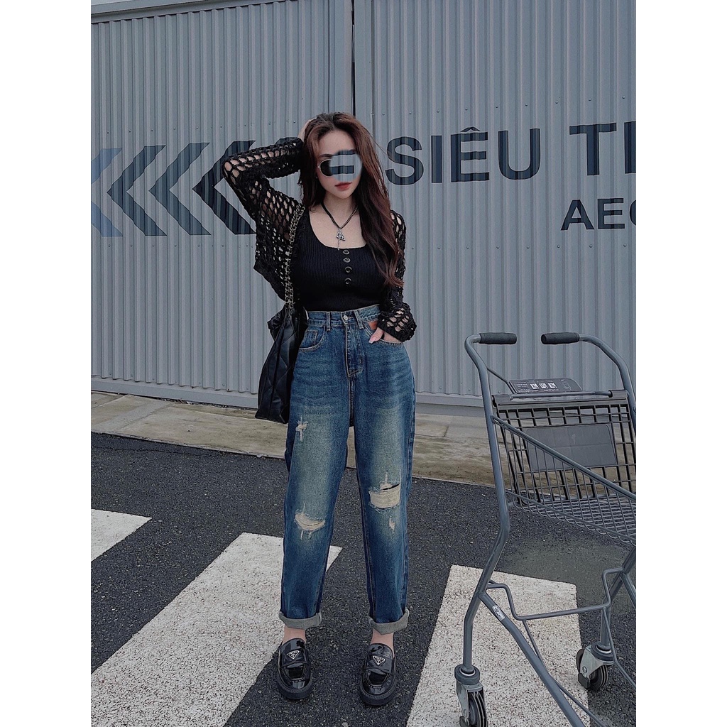 [BGDM291] QUẦN BAGGY JEANS NỮ LƯNG CAO RÁCH 2 MẢNG GỐI PHẢI 1 MẢNG GỐI TRÁI PHỐI MẠC DA MÀU XANH ĐẬM BỤI BẶM