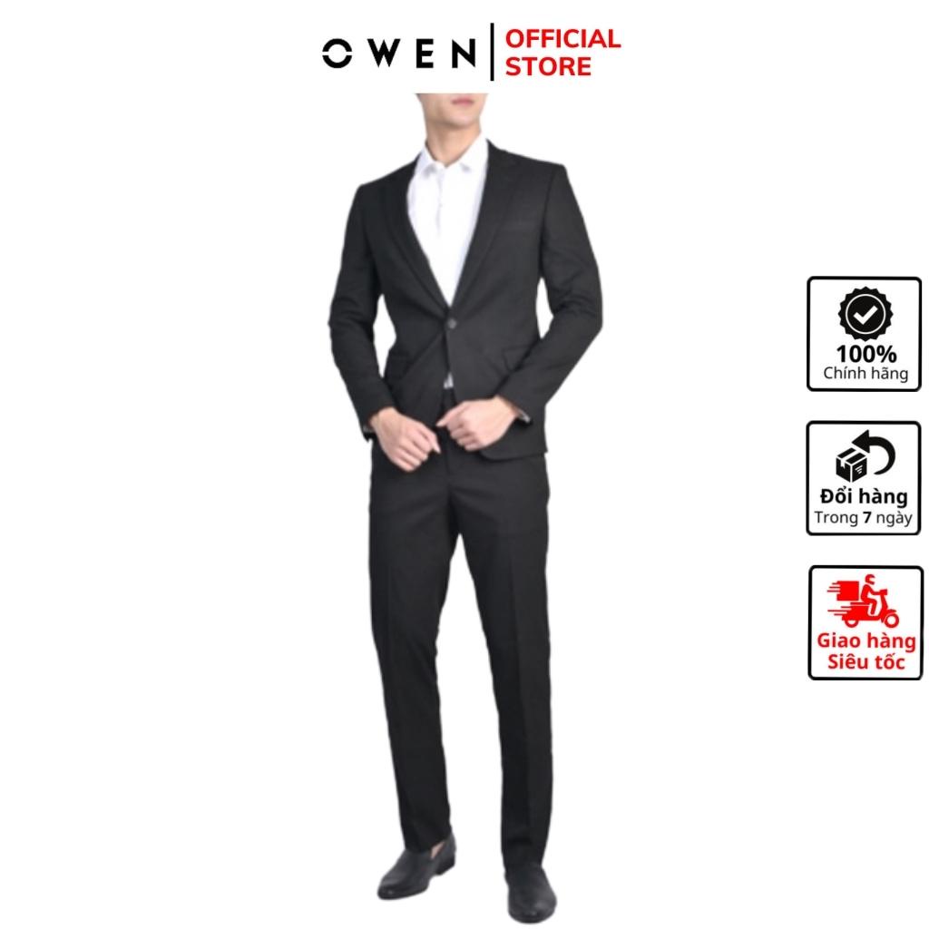 Bộ suit veston công sở nam cao cấp OWEN VES220959 áo vest comple màu đen vải polyester dáng suông một cúc tà xẻ hông