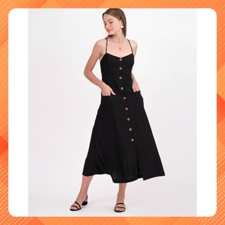 Đầm camisole dây chéo nữ YV LE & CO vải linen nút sò đen hiện đại