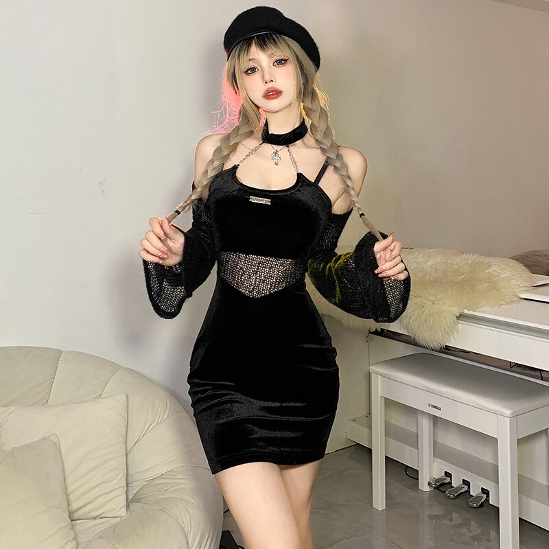Weird Puss Đầm Body Dệt Kim Tay Dài Cổ Yếm Thời Trang Quyến Rũ Cho Nữ