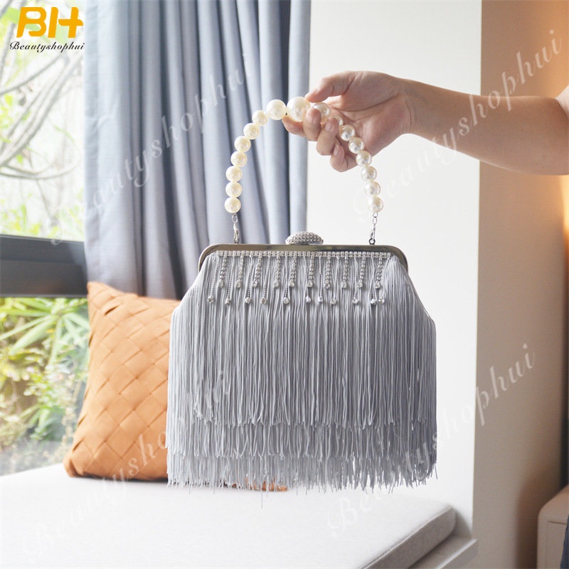 Túi Xách Đeo Vai Đính Ngọc Trai Phối Tua Rua Phong Cách Âu Mỹ Sang Trọng Dành Cho Nữ