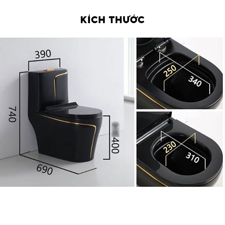 Bồn cầu liền khối màu đen viền vàng sang trọng cao cấp nắp êm phủ men nano siêu bền chống bám bẩn Life Home