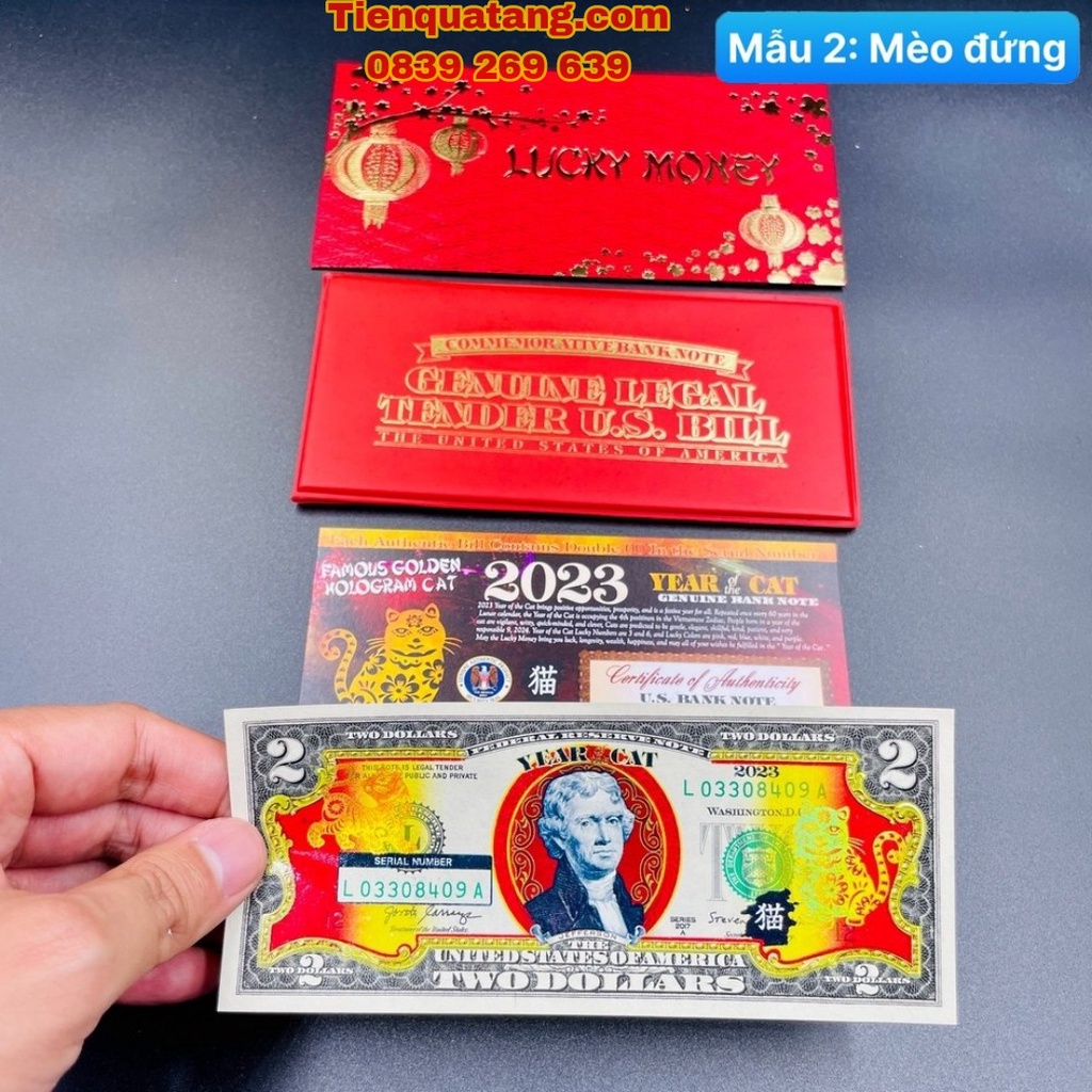 Tiền 2 USD Hình Con Mèo Vàng 2023 (Mẫu 2) Lì Xì Tết Quý Mão