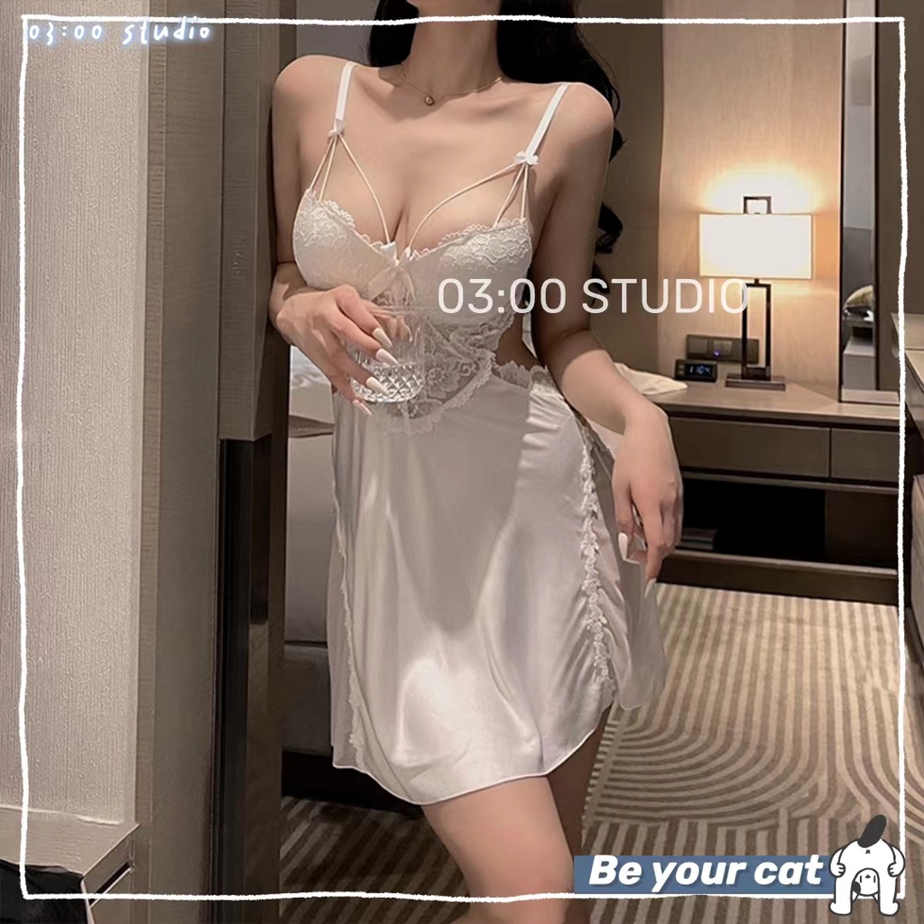 （Giao hàng bảo mật)🖤Váy ngủ sexy🖤Có mút+có gọng🖤gom ngực tạo khe🖤2 dây hở lưng đẹp phối ren body quyến rũ đen trắng--040