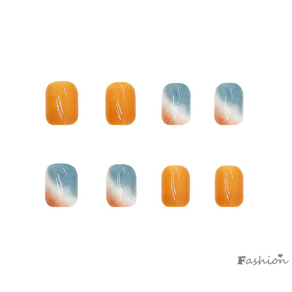 Bộ 24 Móng Chân Giả Ngắn Màu Cam / Xanh Dương Bóng Dễ Xé Không Rơi Trang Trí Móng Tay DIY Phong Cách Pháp Cho Nữ Và Phụ Nữ