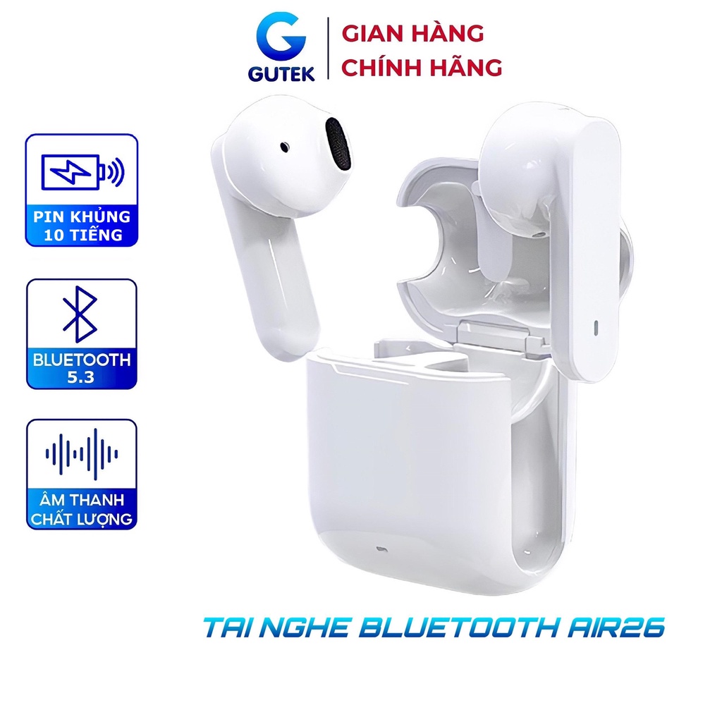 Tai nghe bluetooth không dây mini Gutek Air26 nút cảm ứng âm thanh HIFI có mic đàm thoại chip bluetooth 5.2