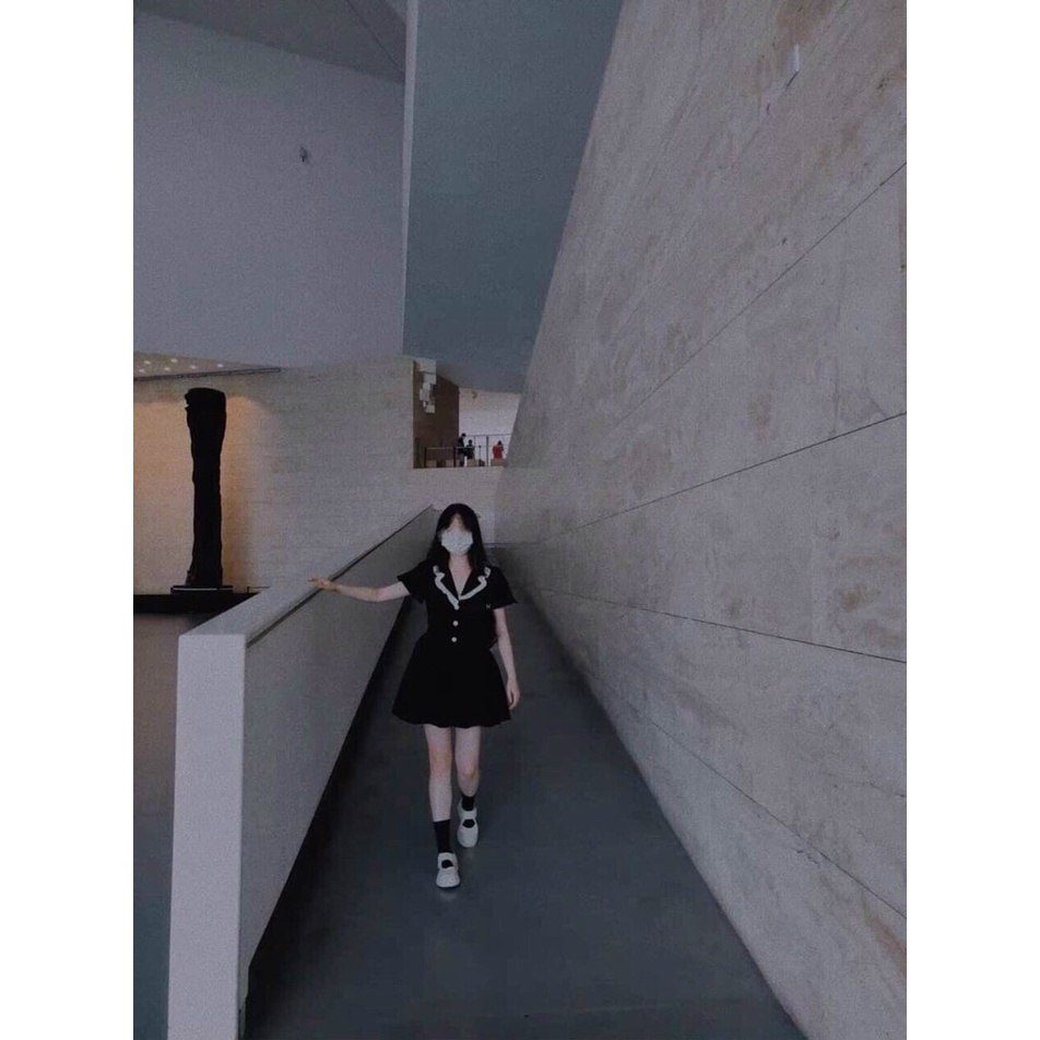 [11.11 Sale Freeship] Đầm đen nữ,thiết kế cổ đen phối trắng tay ngắn dáng xòe cổ V đính cúc đi chơi dạo phố cực xinh mtb