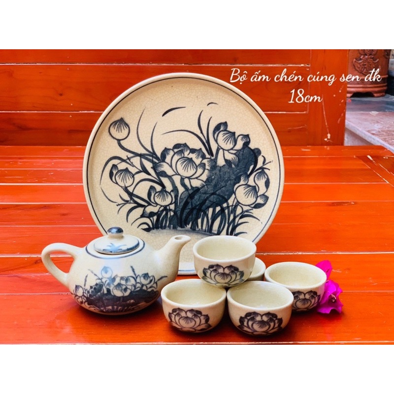 Đồ thờ cúng - Bộ trà cúng 5 chén , ấm chén 5 chén hoạ tiết sen men rạn Bát Tràng