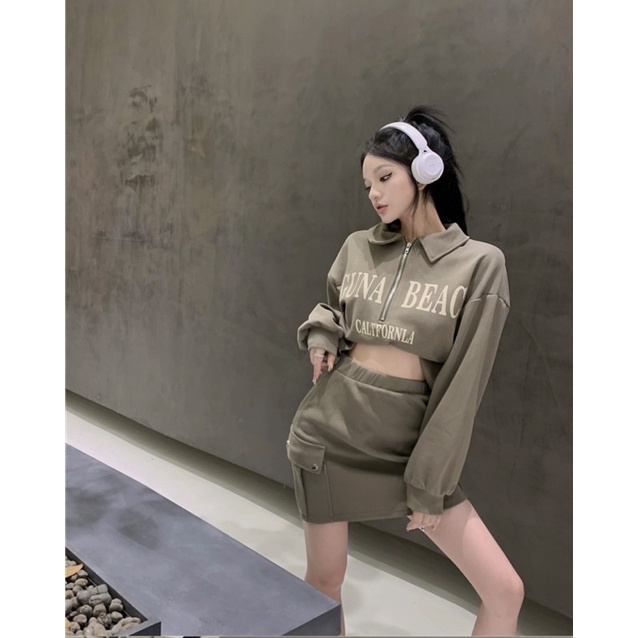 Set bộ Laguna beach dài tay khoá kéo phối chân váy túi hộp thu đông