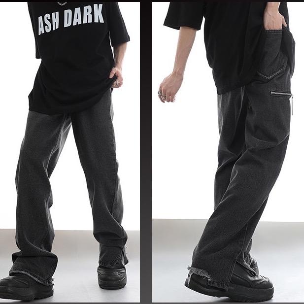 Quần jeans nam nữ ống rộng- xuông thiết kế khóa kéo túi giả