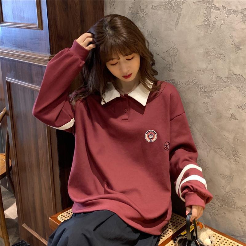 Áo Hoodie Lông Dày Dặn Cổ Bẻ Dáng Rộng In Họa Tiết Phối Nút Thời Trang Hàn Quốc