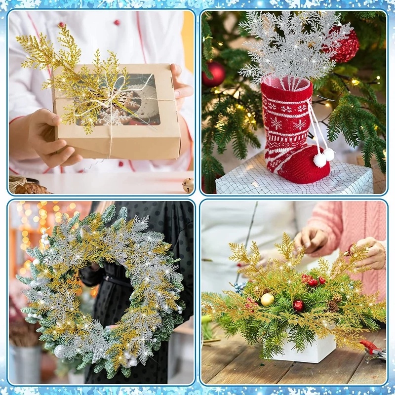 Set 5 Nhánh Lá Thông Giả Lấp Lánh Trang Trí Cây Thông Giáng Sinh Năm Mới