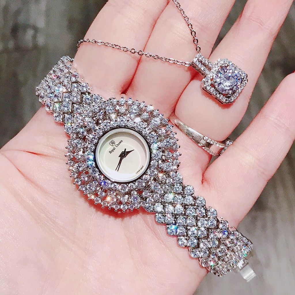 Đồng Hồ Nữ Royal Crown Chính Hãng Hoa Tuyết Mặt Khảm Trai Đính Đá Tràn Viền Siêu Lấp Lánh