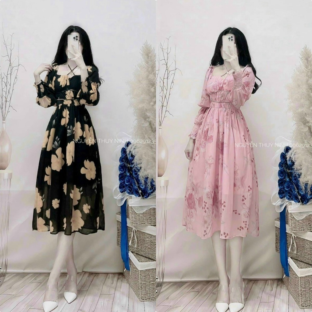 Váy đầm nữ dáng xoè tay phồng dài dây chéo cột nơ cổ (có mút) hoạ tiết hoa trẻ trung