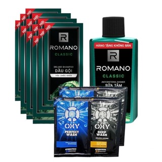 Set 19 món gồm: 1 chai sữa tắm romano 60g + 12 gói dầu gội romano + 6 gói sữa rửa mặt oxy 3g