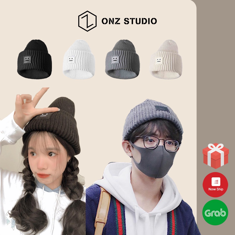 Nón len trơn ONZ hình mặt cười - Mũ len Beanie nam nữ ulzzang Hàn Quốc đan dọc mềm mịn ML03
