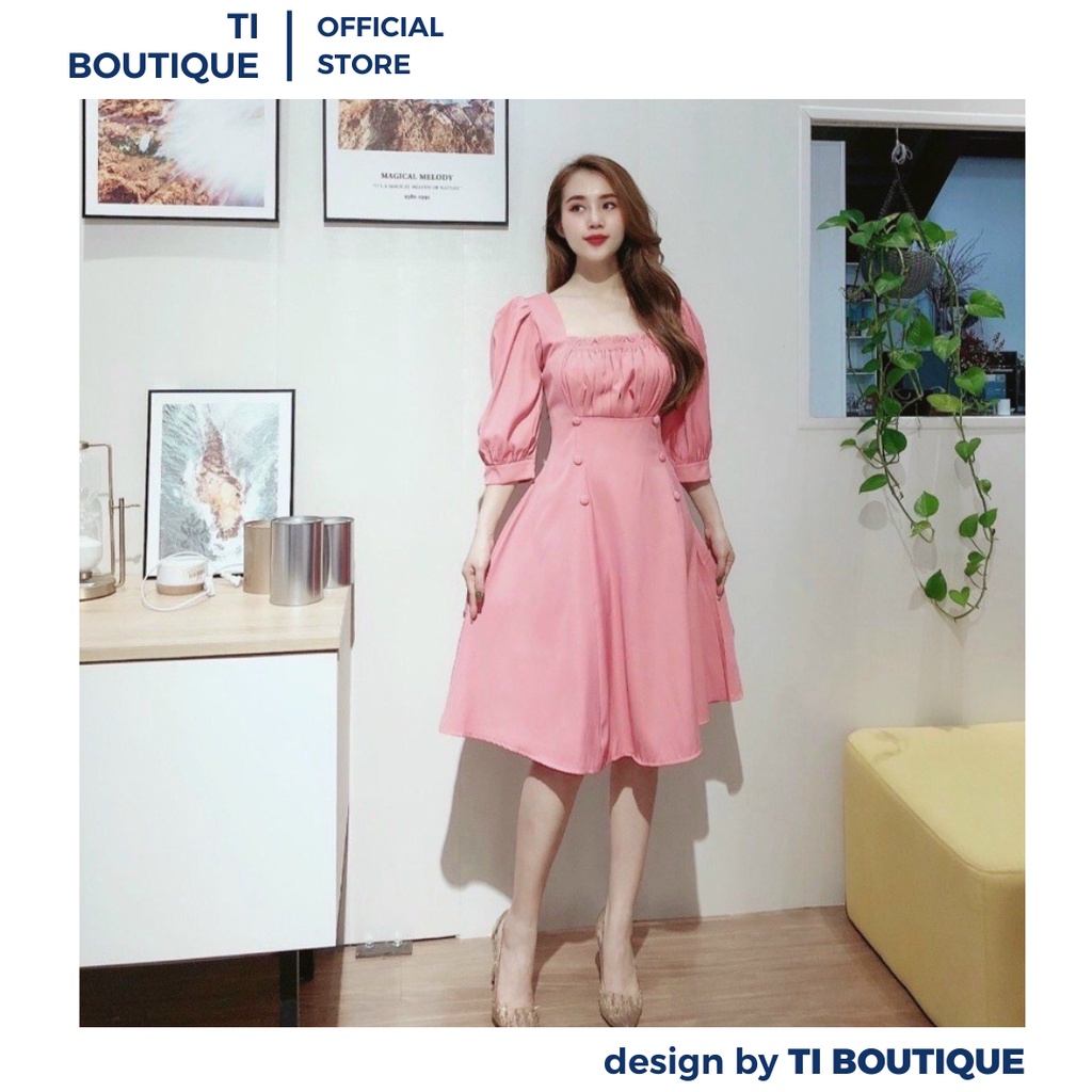 Đầm Nữ Xinh Cổ Vuông Tay Phồng Lửng Ngọt Ngào Trưởng Thành, Đầm Váy Xòe Phối Hai Hàng Nút Nhún Thun Ngực