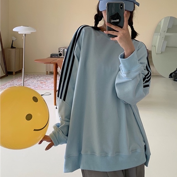 Áo Sweater Tay Dài Cổ Tròn Dáng Rộng Phong Cách Retro Hàn Quốc