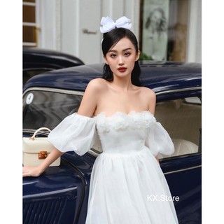 Váy Maxi Trắng Đi Biển Trễ Vai