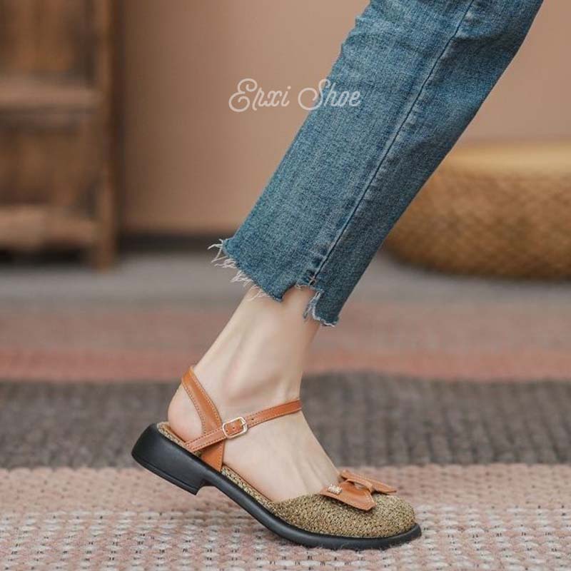 Oeggeo Xăng đan Thắt Nơ Thẳng Thời Trang Giản Dị Dành Cho Bạn Nữ