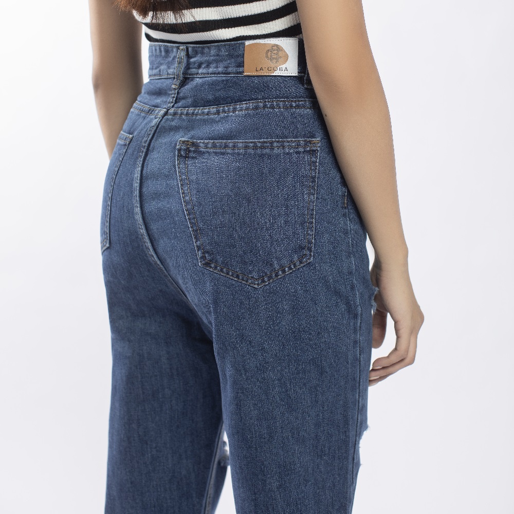 Quần baggy jean nữ rách gối cạp cao xắn gấu basic BG03 - La’coba