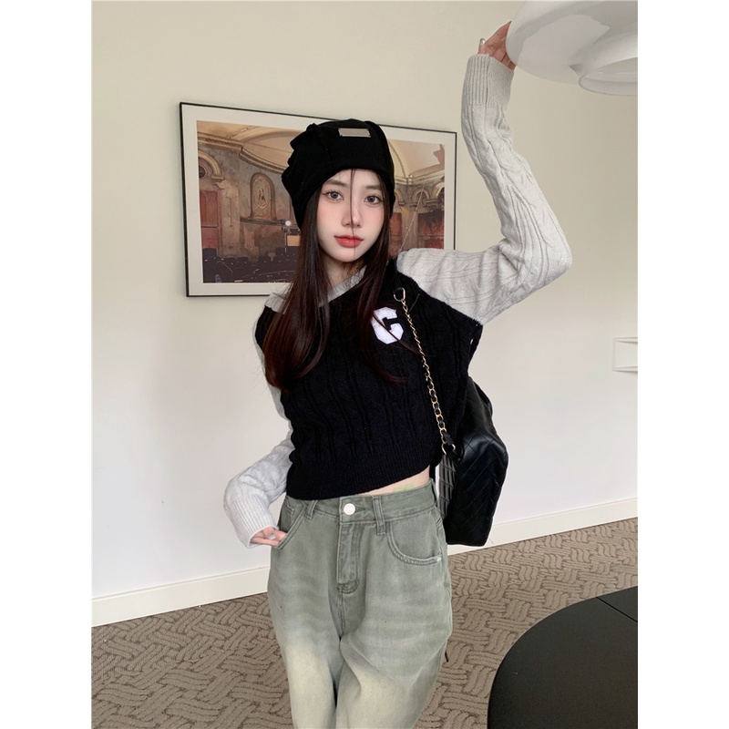 Áo Thun Lửng Tay Dài Màu Sắc Tương Phản Phong Cách Hàn Quốc Dành Cho Nữ