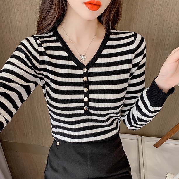 ZHELIHANGFEI Áo Len Tay Dài Cổ Chữ V Dáng Ôm Kẻ Sọc Ngang Trẻ Trung Hợp Thời Trang