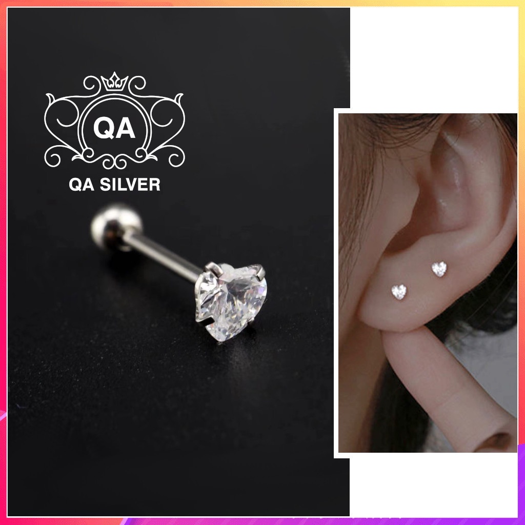 Khuyên tai bạc 925 trái tim đá chốt bi vặn bông nam nữ S925 HEART QA SILVER Earrings EA220905