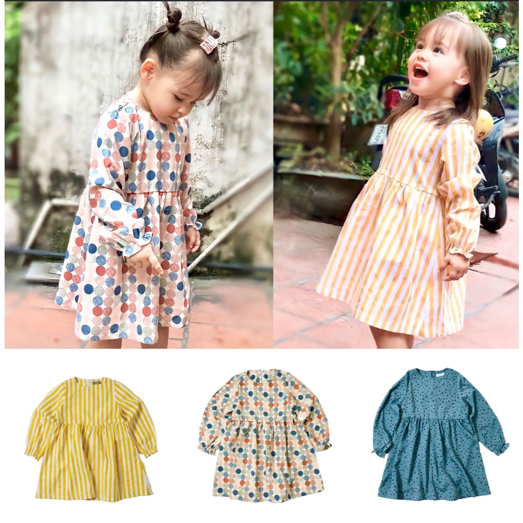 Váy tay dài bé gái TOTO HERO xuất Hàn. Dáng baby doll, bay bổng điệu đà . Size 110-140