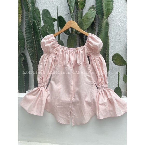 Áo kiểu nữ tay dài phồng nhún xẻ tà vải Linen (Nhiều màu)