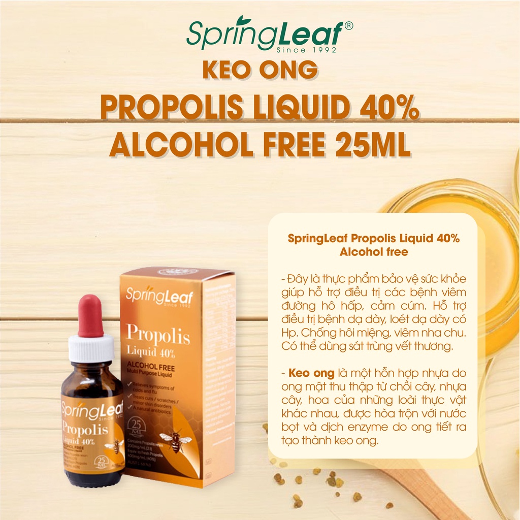 Viên uống SpringLeaf Propolis Liquid 40% Alcohol free, hỗ trợ đường hô hấp, nhiễm khuẩn 25ml
