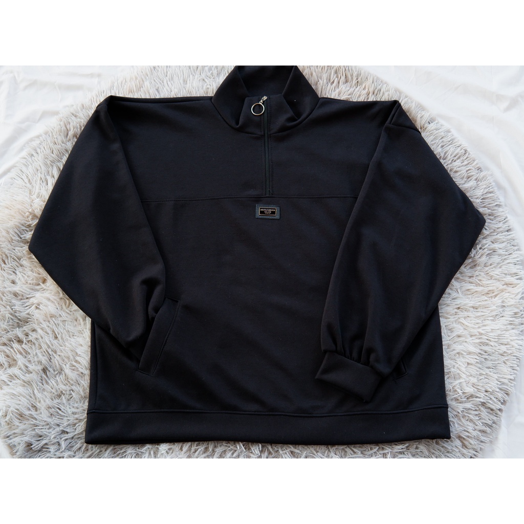 Áo polo nỉ tay dài, cổ cao, khóa kéo dạng khuyên