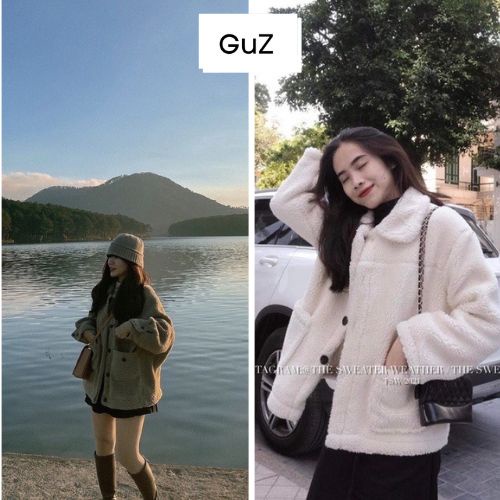 Áo khoác lông cừu nữ cổ bẻ khuy cài may túi 2 bên trẻ trung form thụng rộng phong cách hàn quốc GUZ