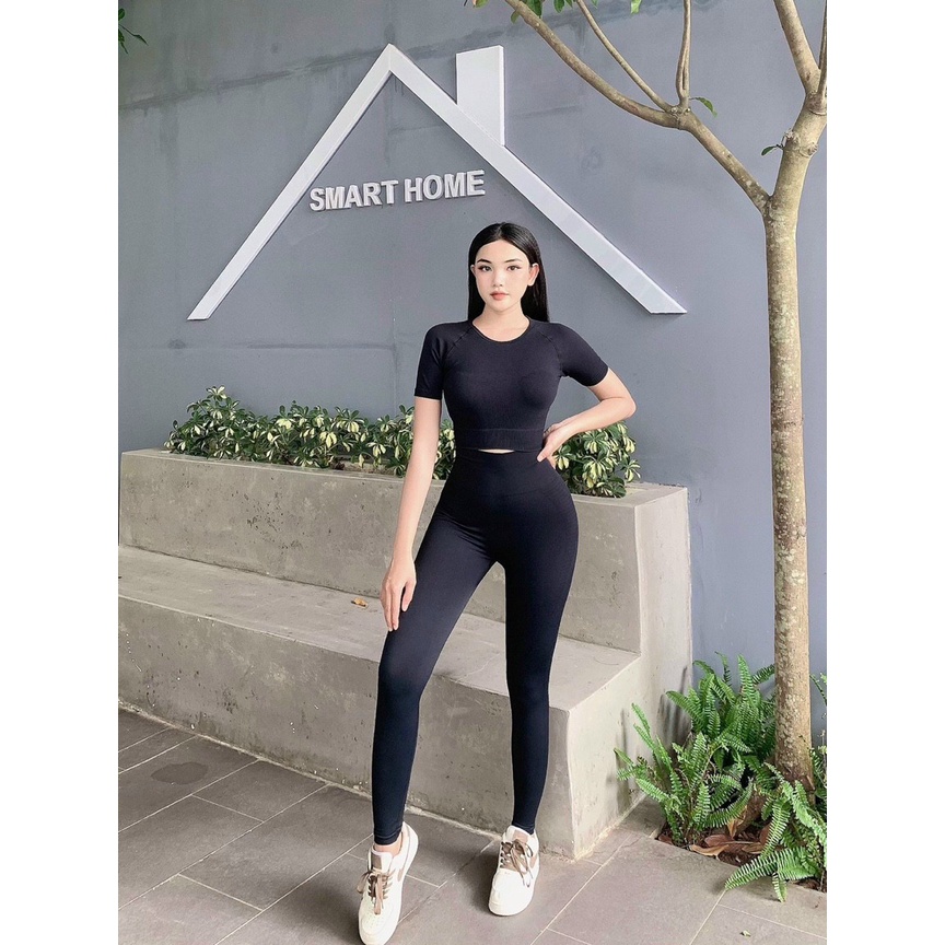 Đồ tập gym yoga thể thao nữ, set bộ dệt kim áo crop ngắn tay quần dài chun mông cao cấp Bin Sports BD183