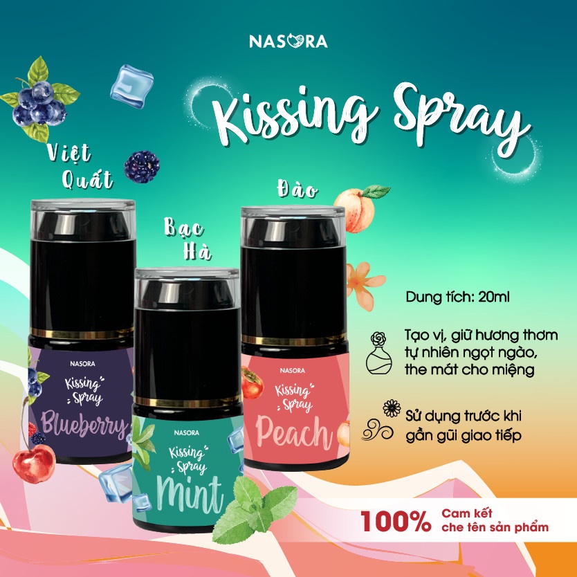 Xịt Thơm Miệng Kissing Spray Nasora 20ml Hương Đào Việt Quất Bạc Hà Ngọt Ngào Thơm Mát