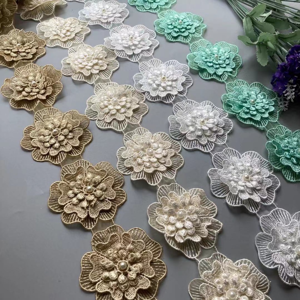 Set 10 Dây Ruy Băng 7.5cm Bằng Polyester Phối Ren Đính Hạt Ngọc Trai Và Hoa Thêu Họa Tiết Thủ Công