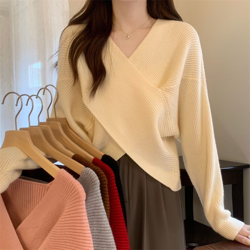 Áo Sweater Dáng Rộng Cổ Chữ v Thiết Kế Chéo Phong Cách Hàn Quốc Thời Trang Thu Đông Mới Cho Nữ