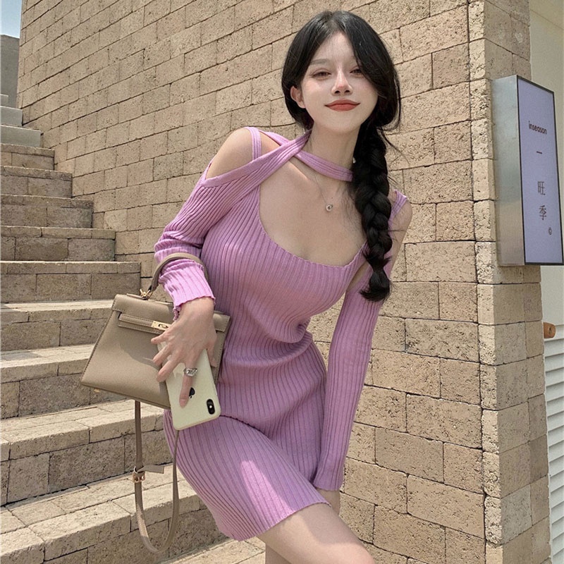 Đầm Len Nữ Dài Tay Cổ Tròn Thời Trang Hàn