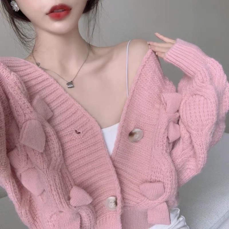 Áo len cardigan ngắn phối nơ dáng ngắn