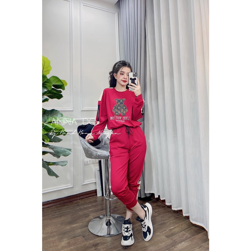 [11.11 Sale Freeship] Set bộ thể thao nữ,set áo tay dài cổ tròn in hình gấu quần dài ống túm phối viền nhiều màu sắc